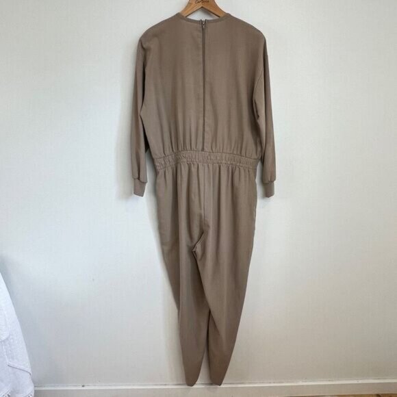 Handmade Womens Large Taupe Grey Long Sleeve Embellished Jewel Neckline Jumpsuit - Picture 5 of 11
